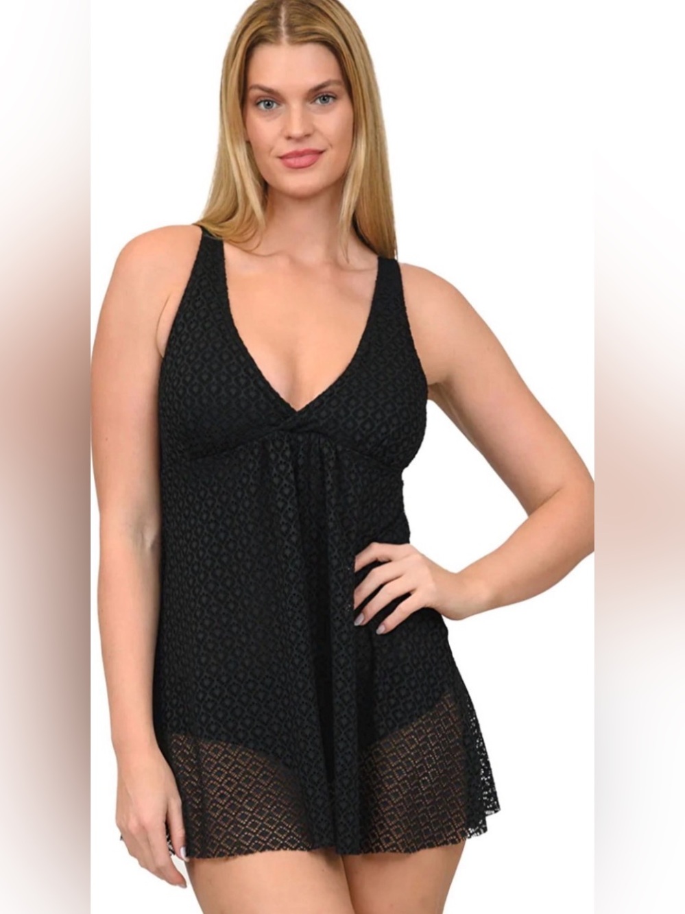 NWT NICOLE MILLER SIZE SMALL Black Women's Swim Dress - Sleek V-Neck Swimwear